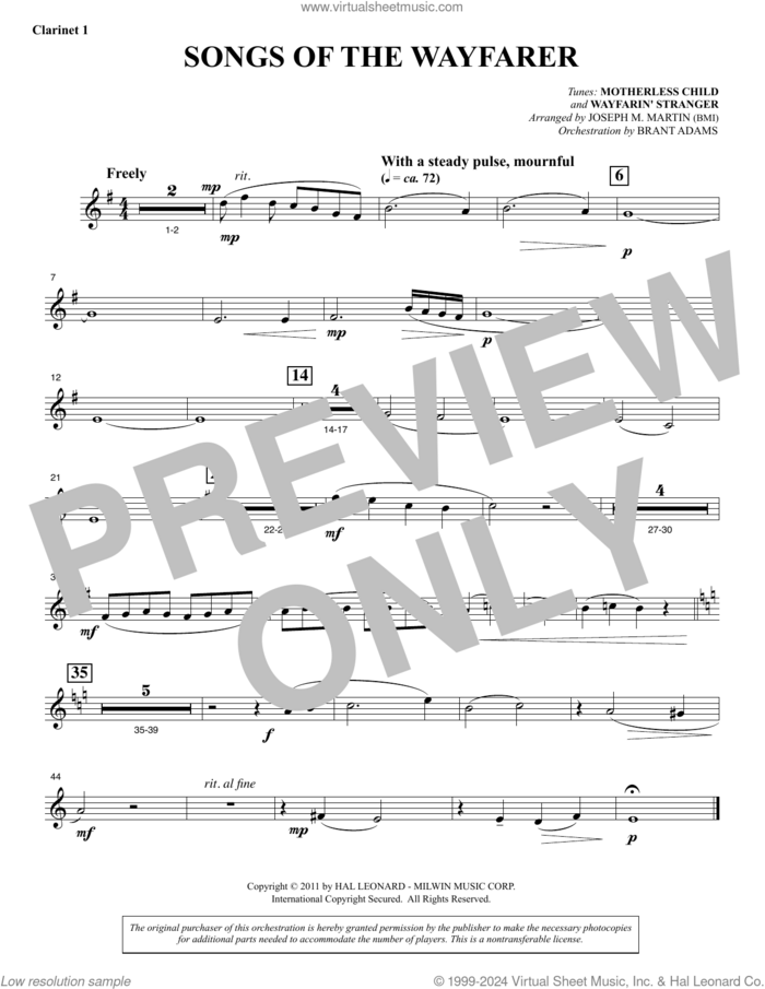 Songs Of The Wayfarer sheet music for orchestra/band (Bb clarinet 1) by Joseph M. Martin and Miscellaneous, intermediate skill level