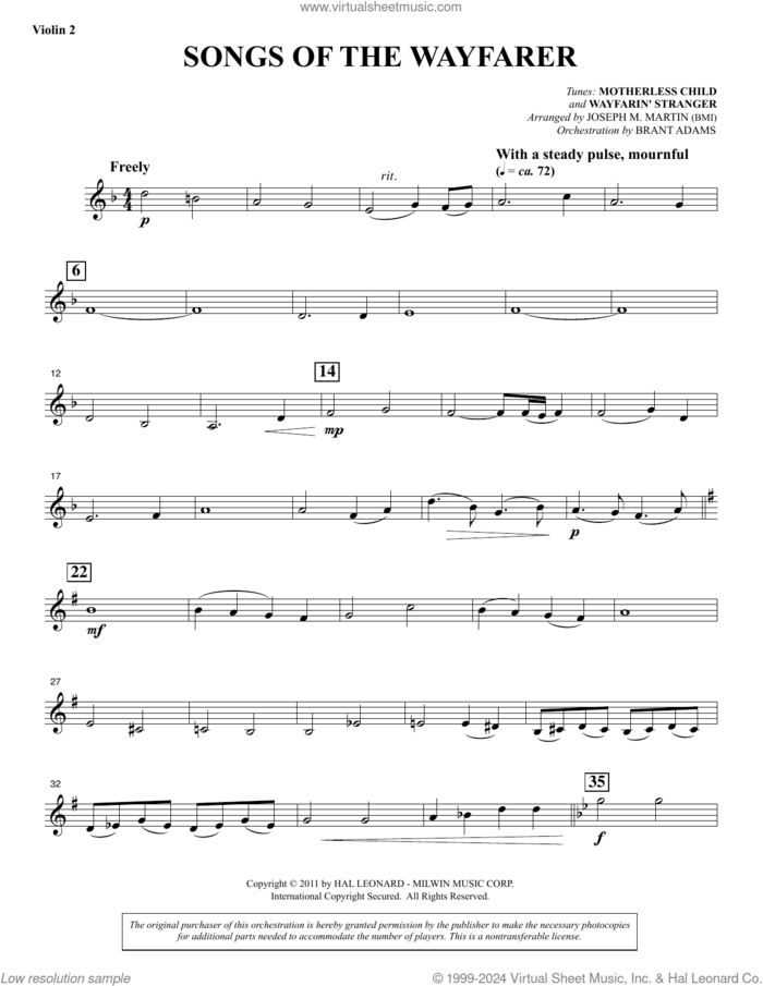 Songs Of The Wayfarer sheet music for orchestra/band (violin 2) by Joseph M. Martin and Miscellaneous, intermediate skill level