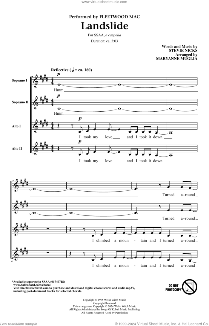 Landslide (arr. MaryAnne Muglia) sheet music for choir (SSAA: soprano, alto) by Fleetwood Mac, MaryAnne Muglia and Stevie Nicks, intermediate skill level