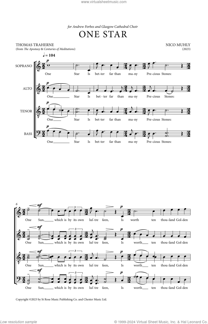 One Star sheet music for choir (SATB: soprano, alto, tenor, bass) by Nico Muhly and Thomas Traherne, intermediate skill level