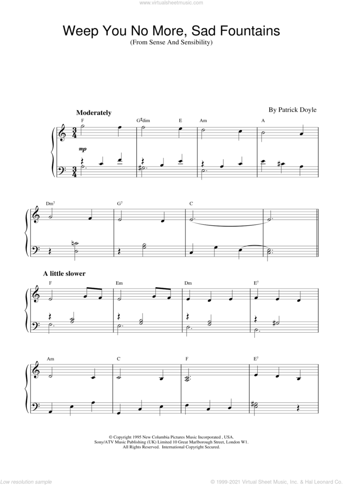 Weep You No More, Sad Fountains (from Sense And Sensibility) sheet music for piano solo by Patrick Doyle and Sense And Sensibility (Movie), intermediate skill level