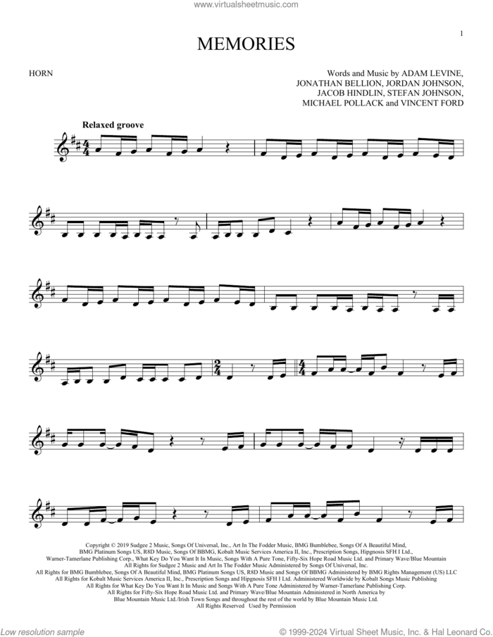 Memories sheet music for horn solo by Maroon 5, Adam Levine, Jacob Kasher Hindlin, Jon Bellion, Michael Pollack, Stefan Johnson and Vincent Ford, intermediate skill level