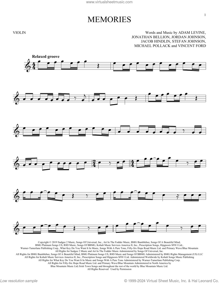 Memories sheet music for violin solo by Maroon 5, Adam Levine, Jacob Kasher Hindlin, Jon Bellion, Michael Pollack, Stefan Johnson and Vincent Ford, intermediate skill level