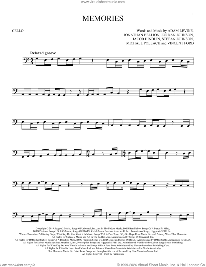 Memories sheet music for cello solo by Maroon 5, Adam Levine, Jacob Kasher Hindlin, Jon Bellion, Michael Pollack, Stefan Johnson and Vincent Ford, intermediate skill level