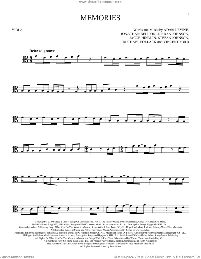 Memories sheet music for viola solo by Maroon 5, Adam Levine, Jacob Kasher Hindlin, Jon Bellion, Michael Pollack, Stefan Johnson and Vincent Ford, intermediate skill level