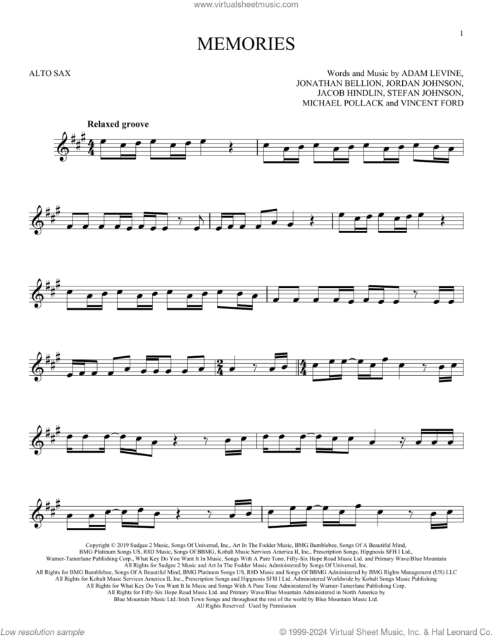 Memories sheet music for alto saxophone solo by Maroon 5, Adam Levine, Jacob Kasher Hindlin, Jon Bellion, Michael Pollack, Stefan Johnson and Vincent Ford, intermediate skill level