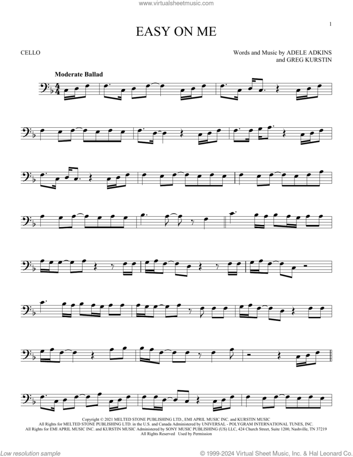 Easy On Me sheet music for cello solo by Adele, Adele Adkins and Greg Kurstin, intermediate skill level