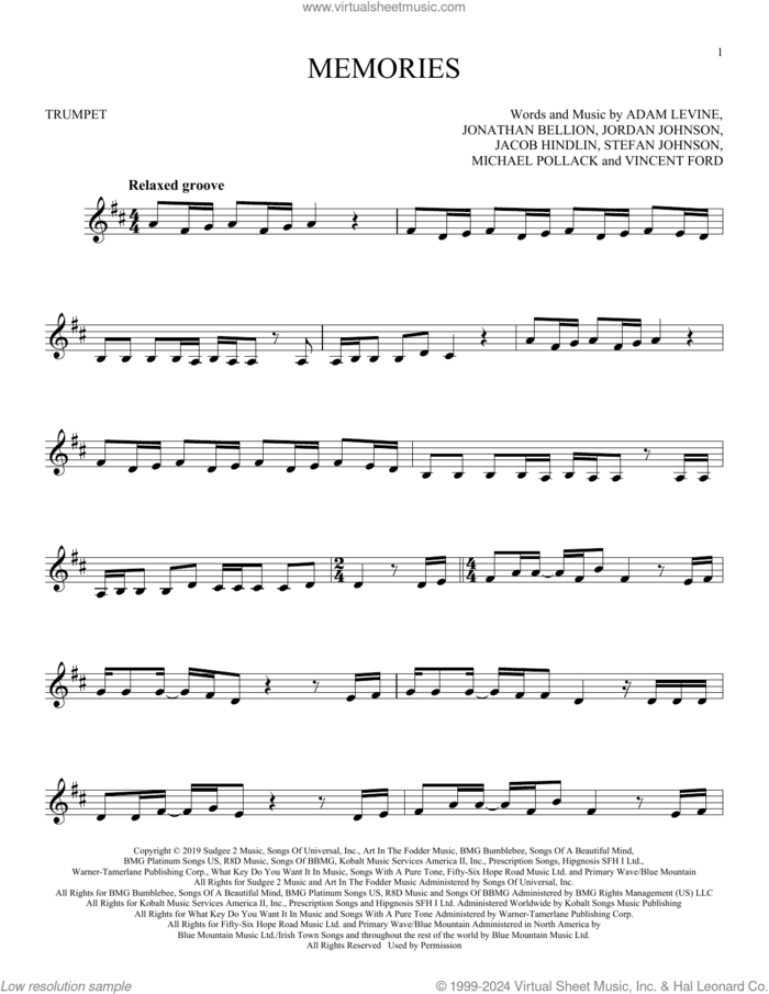 Memories sheet music for trumpet solo by Maroon 5, Adam Levine, Jacob Kasher Hindlin, Jon Bellion, Michael Pollack, Stefan Johnson and Vincent Ford, intermediate skill level