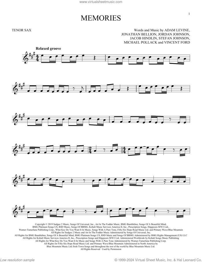 Memories sheet music for tenor saxophone solo by Maroon 5, Adam Levine, Jacob Kasher Hindlin, Jon Bellion, Michael Pollack, Stefan Johnson and Vincent Ford, intermediate skill level