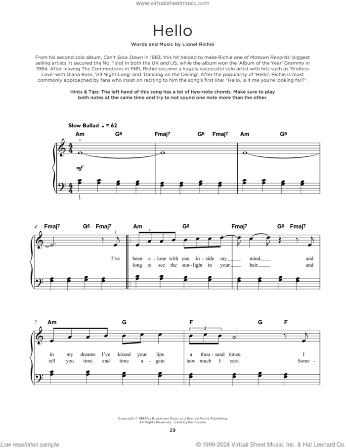 Hello, (beginner) sheet music for piano solo by Lionel Richie, beginner skill level