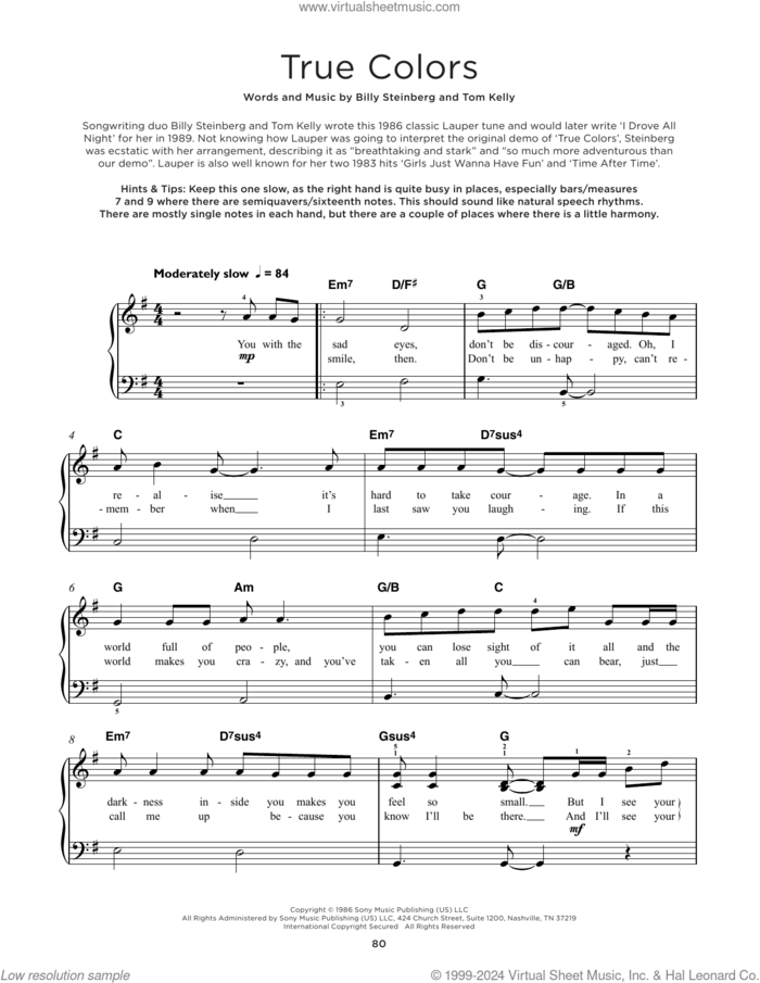 True Colors, (beginner) sheet music for piano solo by Cyndi Lauper, Billy Steinberg and Tom Kelly, beginner skill level