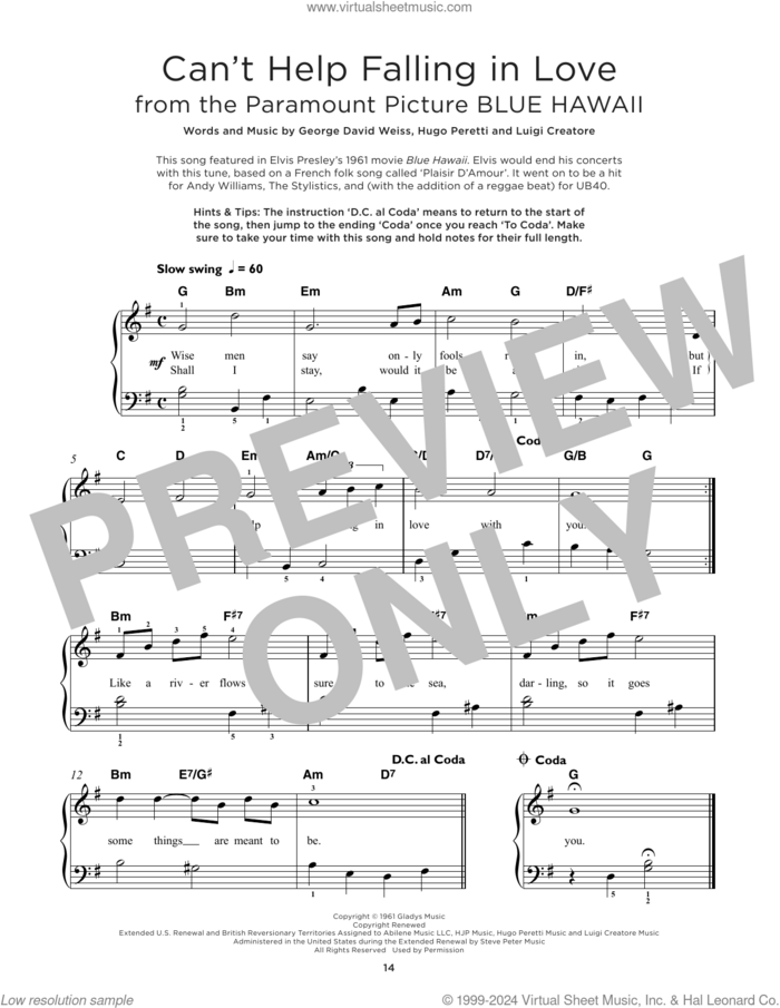 Can't Help Falling In Love sheet music for piano solo by Elvis Presley, George David Weiss, Hugo Peretti and Luigi Creatore, beginner skill level