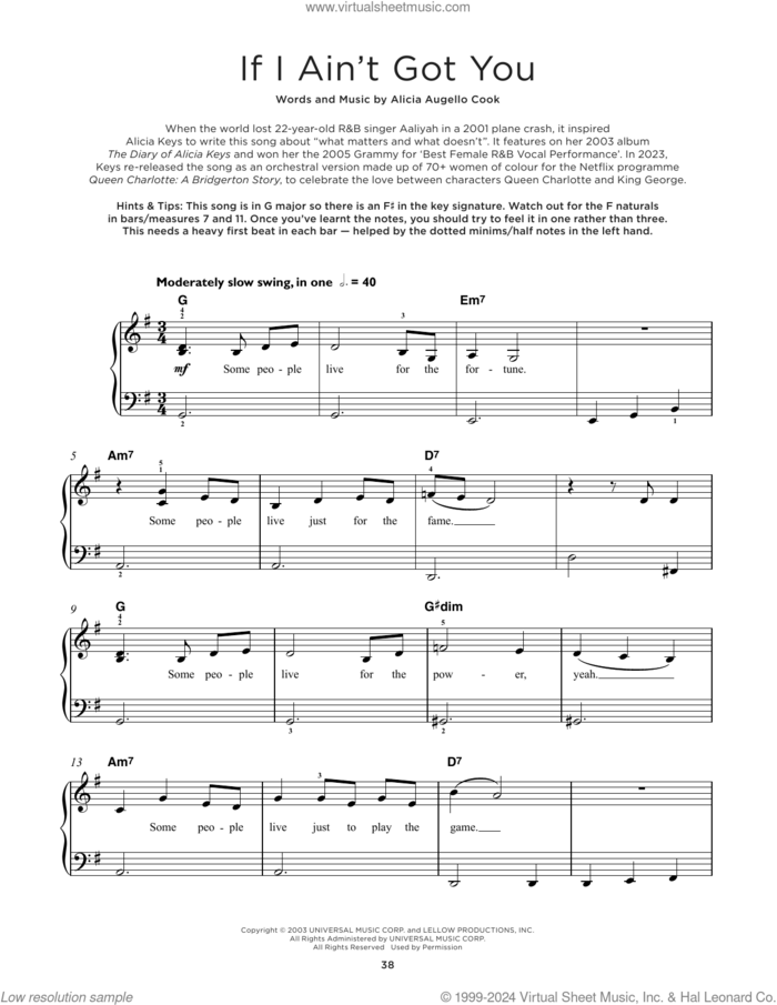 If I Ain't Got You sheet music for piano solo by Alicia Keys and Alicia Augello Cook, beginner skill level