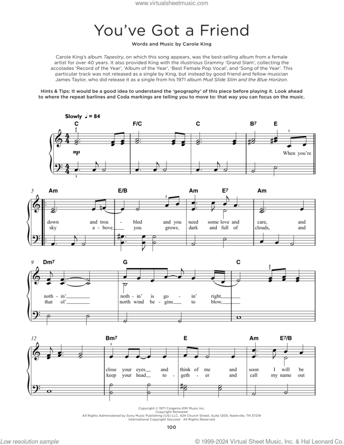 You've Got A Friend sheet music for piano solo by Carole King, beginner skill level