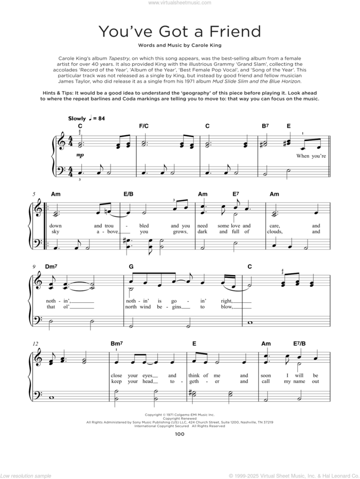 You've Got A Friend sheet music for piano solo by Carole King, beginner skill level