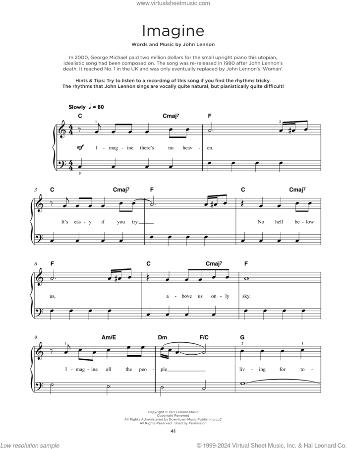 Imagine sheet music for piano solo by John Lennon, beginner skill level