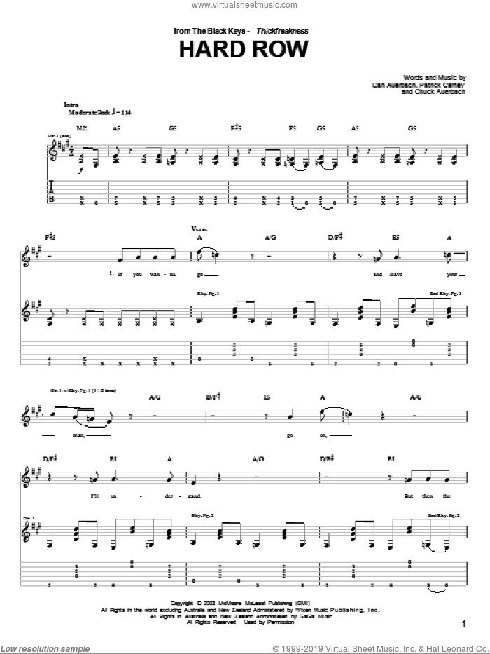 Hard Row sheet music for guitar (tablature) by The Black Keys, Chuck Auerbach, Daniel Auerbach and Patrick Carney, intermediate skill level