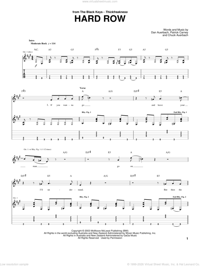 Hard Row sheet music for guitar (tablature) by The Black Keys, Chuck Auerbach, Daniel Auerbach and Patrick Carney, intermediate skill level