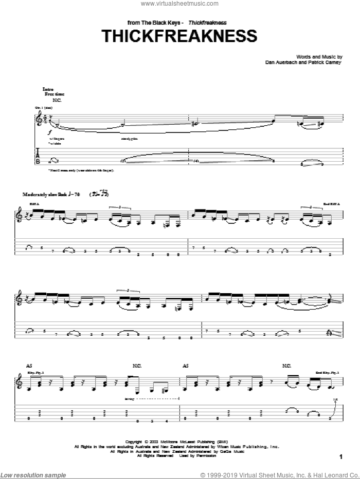 Thickfreakness sheet music for guitar (tablature) by The Black Keys, Daniel Auerbach and Patrick Carney, intermediate skill level