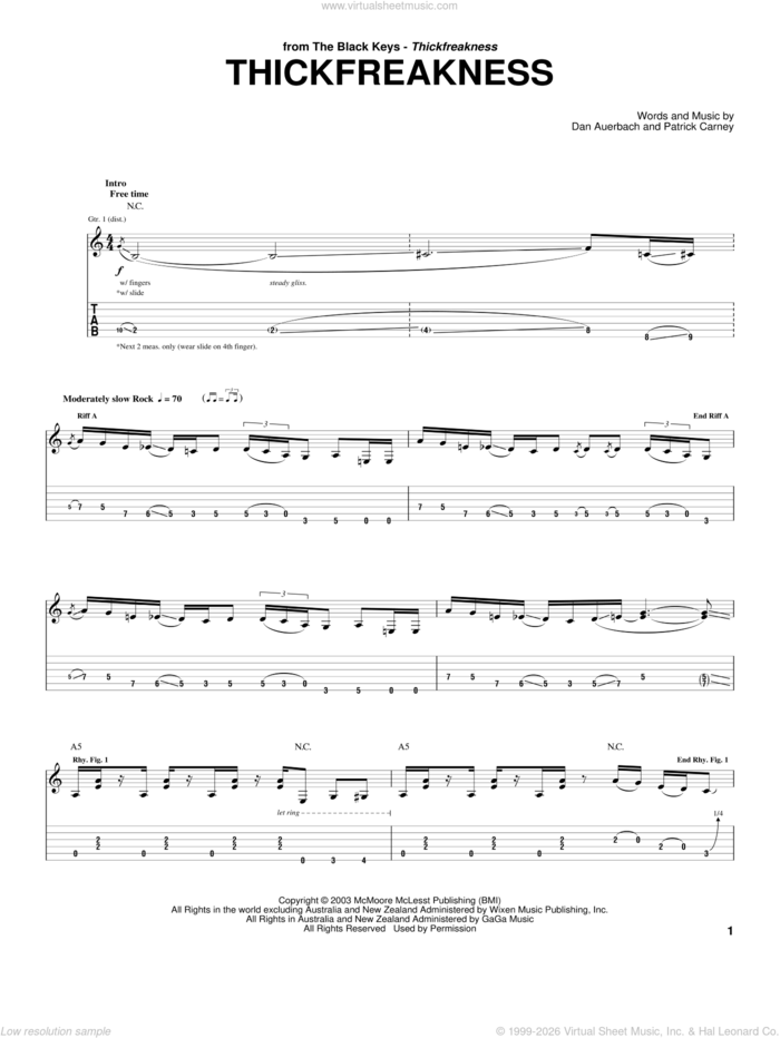 Thickfreakness sheet music for guitar (tablature) by The Black Keys, Daniel Auerbach and Patrick Carney, intermediate skill level