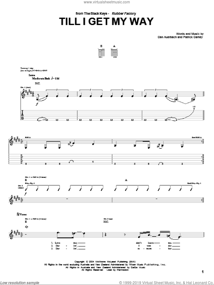 Till I Get My Way sheet music for guitar (tablature) by The Black Keys, Daniel Auerbach and Patrick Carney, intermediate skill level