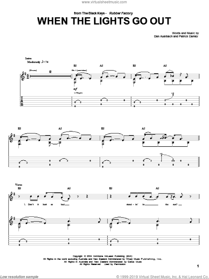 When The Lights Go Out sheet music for guitar (tablature) by The Black Keys, Daniel Auerbach and Patrick Carney, intermediate skill level