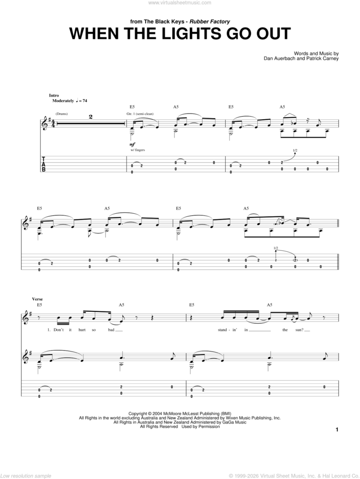 When The Lights Go Out sheet music for guitar (tablature) by The Black Keys, Daniel Auerbach and Patrick Carney, intermediate skill level