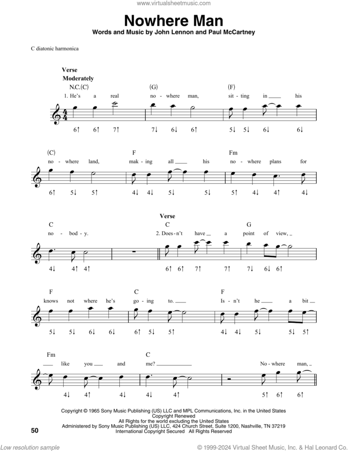 Nowhere Man sheet music for harmonica solo by The Beatles, Eric Plahna, Jim Schustedt, Tad Dreis, John Lennon and Paul McCartney, intermediate skill level