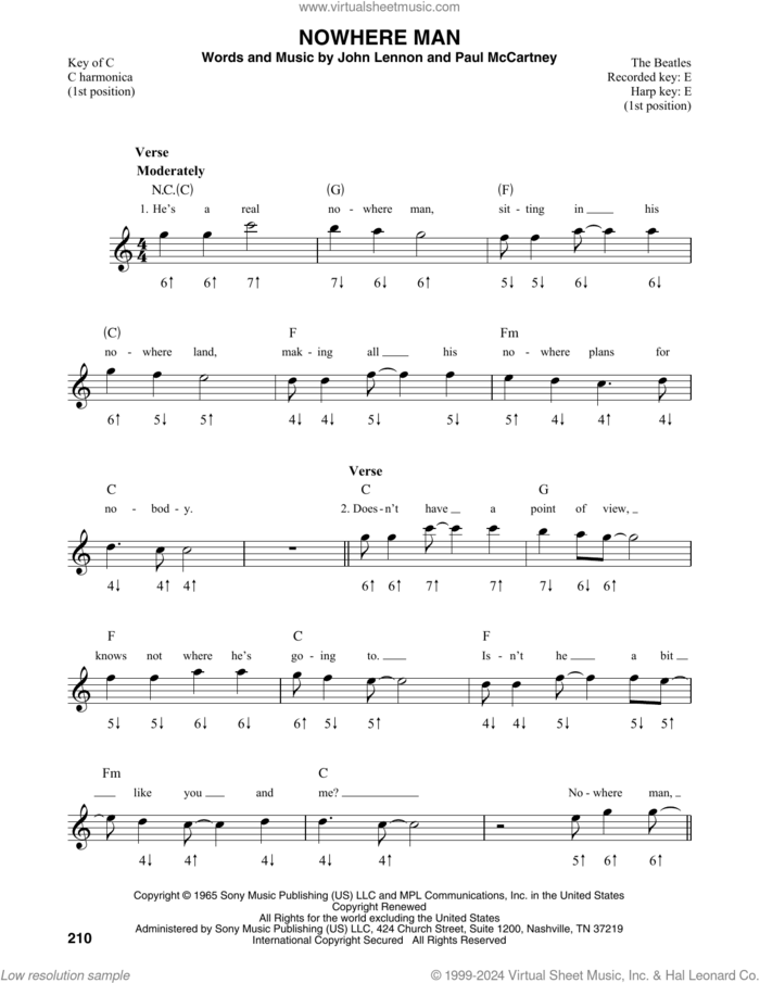 Nowhere Man sheet music for harmonica solo by The Beatles, John Lennon and Paul McCartney, intermediate skill level