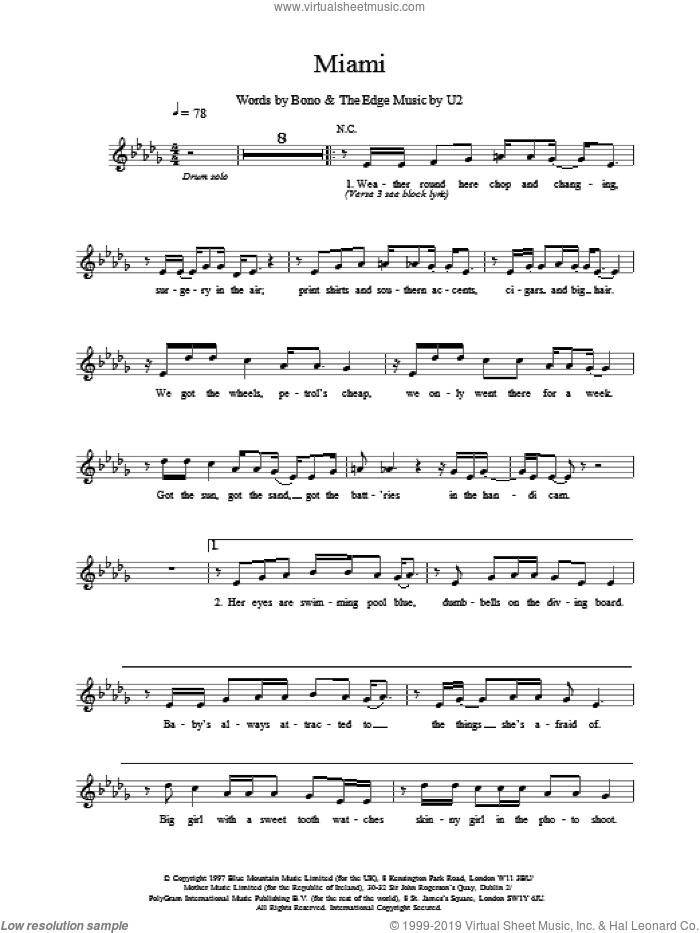 Miami sheet music for voice and other instruments (fake book) by U2, Bono and The Edge, intermediate skill level
