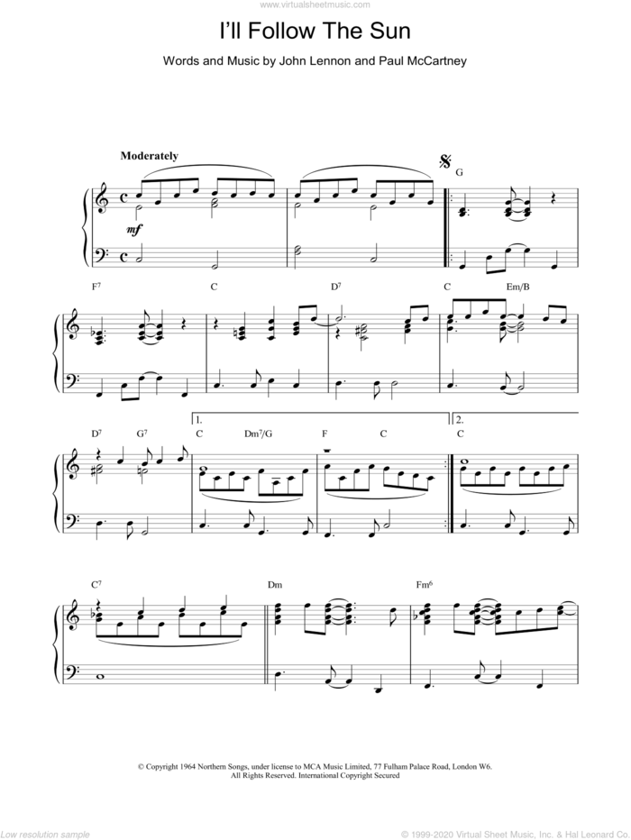 I'll Follow The Sun sheet music for piano solo by The Beatles and Paul McCartney, intermediate skill level