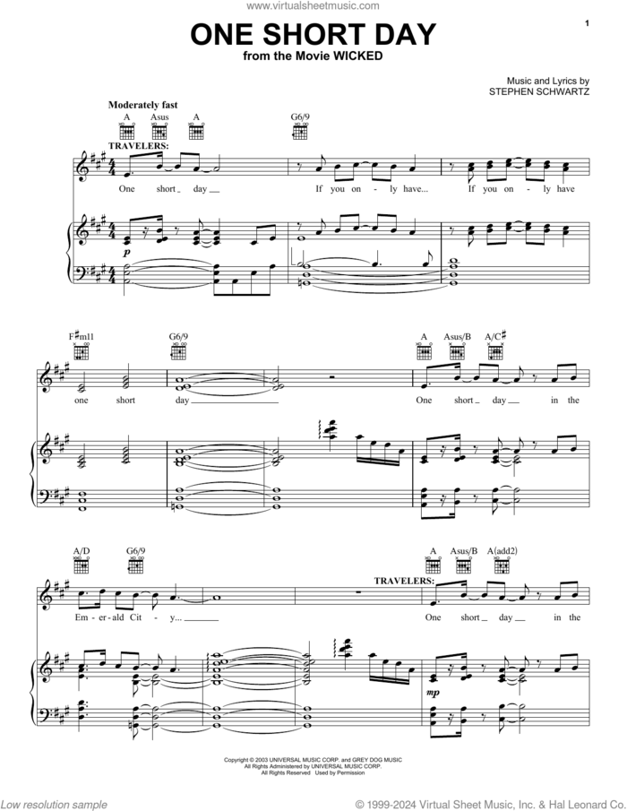 One Short Day (from Wicked) (2024) sheet music for voice, piano or guitar by Stephen Schwartz, intermediate skill level