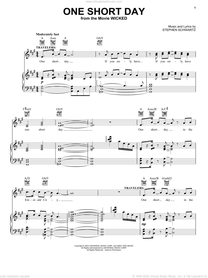 One Short Day (from Wicked) (2024) sheet music for voice, piano or guitar by Stephen Schwartz, intermediate skill level