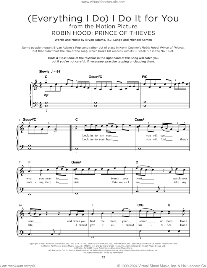 (Everything I Do) I Do It For You sheet music for piano solo by Bryan Adams, Michael Kamen and Robert John Lange, beginner skill level