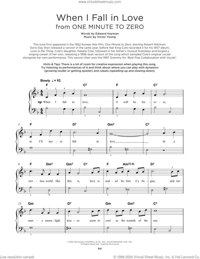 When I Fall In Love sheet music for piano solo by The Lettermen, Edward Heyman and Victor Young, beginner skill level