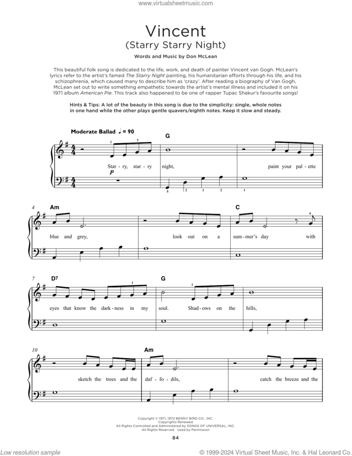 Vincent (Starry Starry Night) sheet music for piano solo by Don McLean, beginner skill level