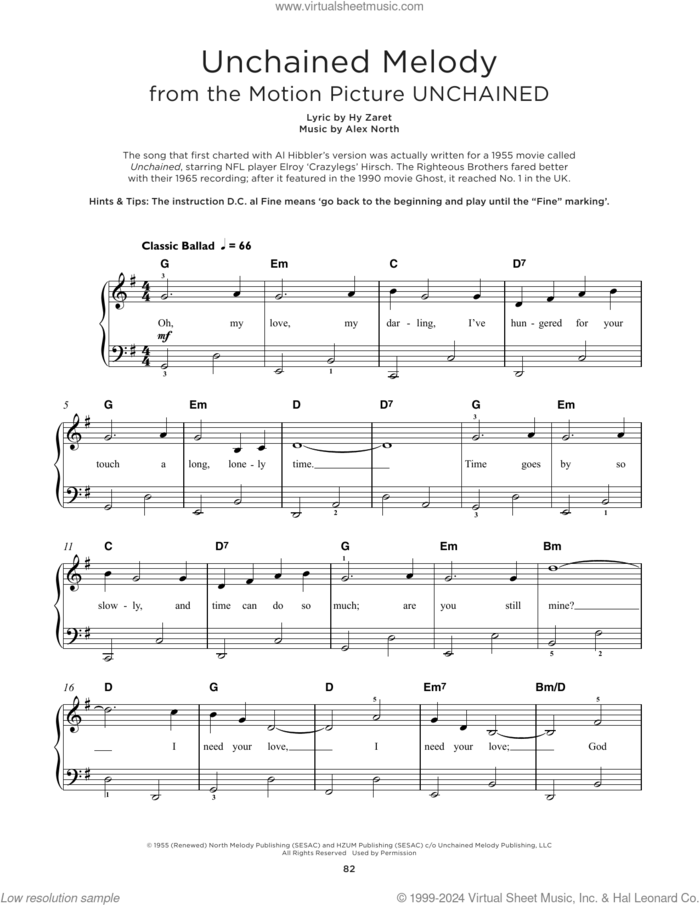 Unchained Melody sheet music for piano solo by The Righteous Brothers, Alex North and Hy Zaret, beginner skill level