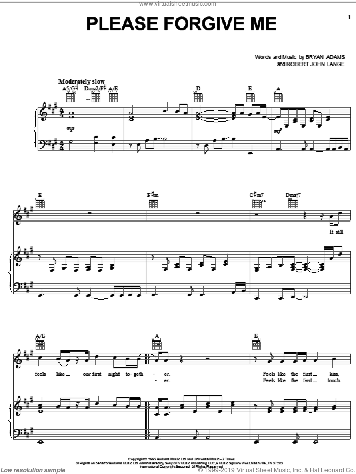 Please Forgive Me sheet music for voice, piano or guitar by Bryan Adams and Robert John Lange, intermediate skill level