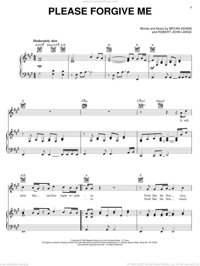 Please Forgive Me sheet music for voice, piano or guitar by Bryan Adams and Robert John Lange, intermediate skill level