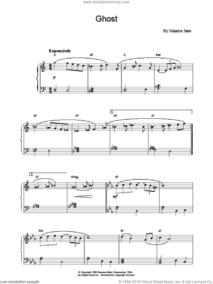 Ghost sheet music for piano solo by Maurice Jarre, intermediate skill level