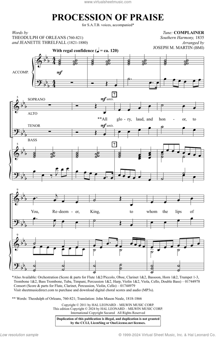 Procession Of Praise sheet music for choir (SATB: soprano, alto, tenor, bass) by Billy Walker, Joseph M. Martin, Jennette Threlfall and Theodulph of Orleans, intermediate skill level