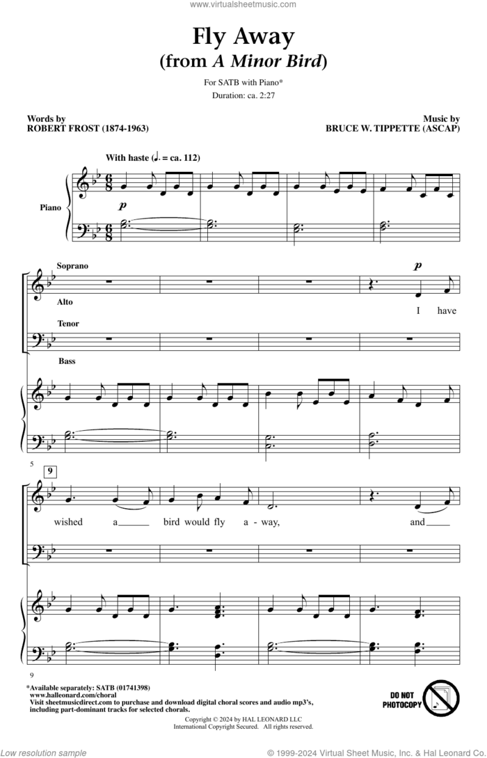 Fly Away (from 'A Minor Bird') sheet music for choir (SATB: soprano, alto, tenor, bass) by Bruce W. Tippette and Robert Frost, intermediate skill level