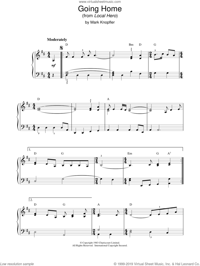 Going Home (from Local Hero) sheet music for piano solo by Mark Knopfler, intermediate skill level