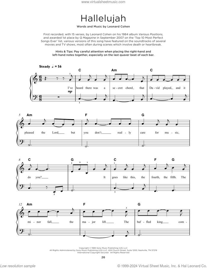 Hallelujah sheet music for piano solo by Leonard Cohen, beginner skill level