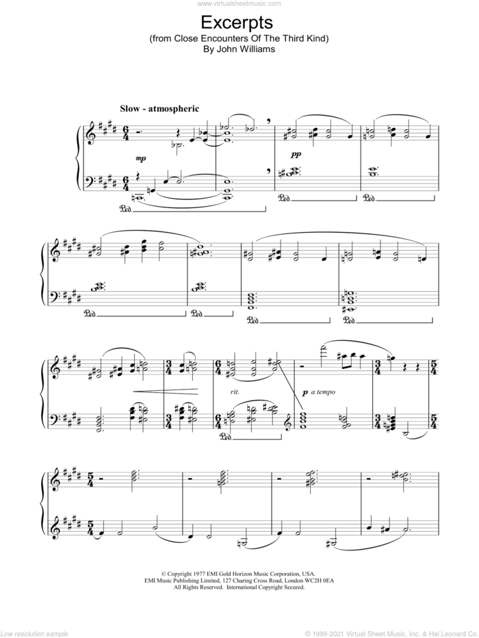 Excerpts from Close Encounters Of The Third Kind sheet music for piano solo by John Williams, intermediate skill level