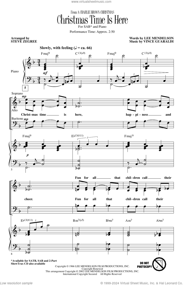 Christmas Time Is Here (arr. Steve Zegree) sheet music for choir (SAB: soprano, alto, bass) by Vince Guaraldi, Steve Zegree and Lee Mendelson, intermediate skill level