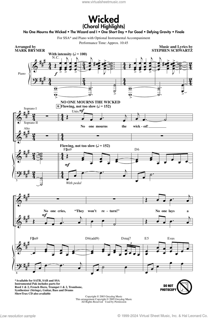 Wicked (Choral Highlights) (arr. Mark Brymer) sheet music for choir (SSA: soprano, alto) by Stephen Schwartz and Mark Brymer, intermediate skill level