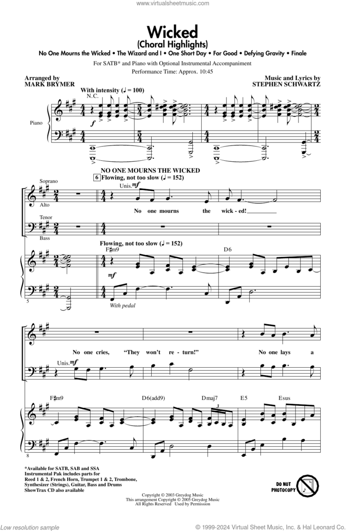 Wicked (Choral Highlights) (arr. Mark Brymer) sheet music for choir (SATB: soprano, alto, tenor, bass) by Stephen Schwartz and Mark Brymer, intermediate skill level