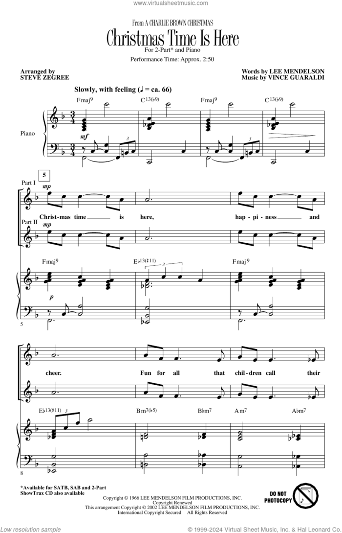 Christmas Time Is Here (arr. Steve Zegree) sheet music for choir (2-Part) by Vince Guaraldi, Steve Zegree and Lee Mendelson, intermediate duet