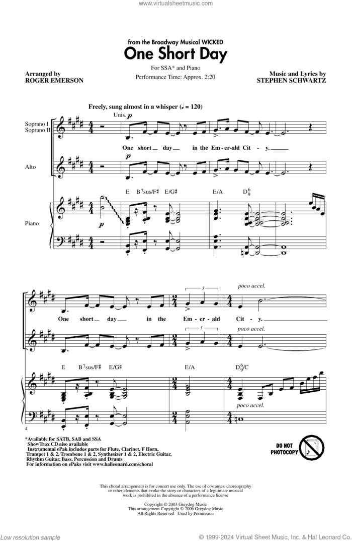 One Short Day (from Wicked) (arr. Roger Emerson) sheet music for choir (SSA: soprano, alto) by Stephen Schwartz and Roger Emerson, intermediate skill level